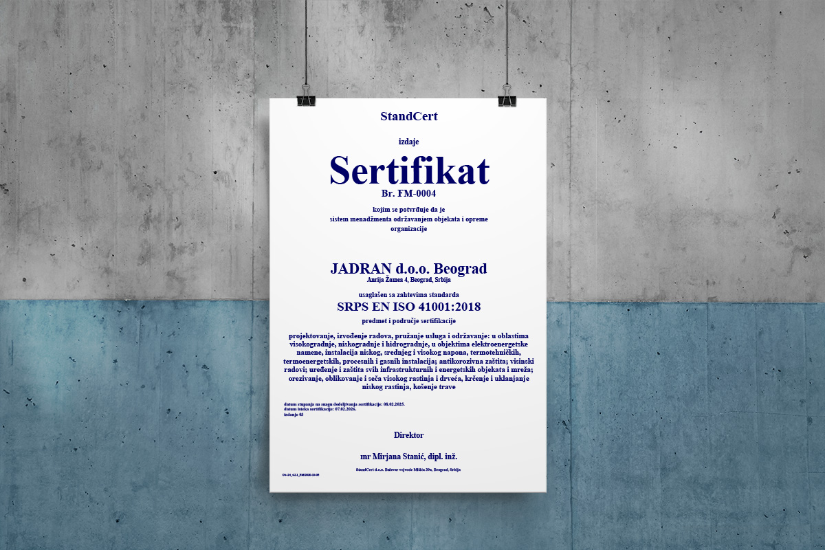 Sertifikat SRP EN ISO 41001 - Jadran d.o.o. Beograd