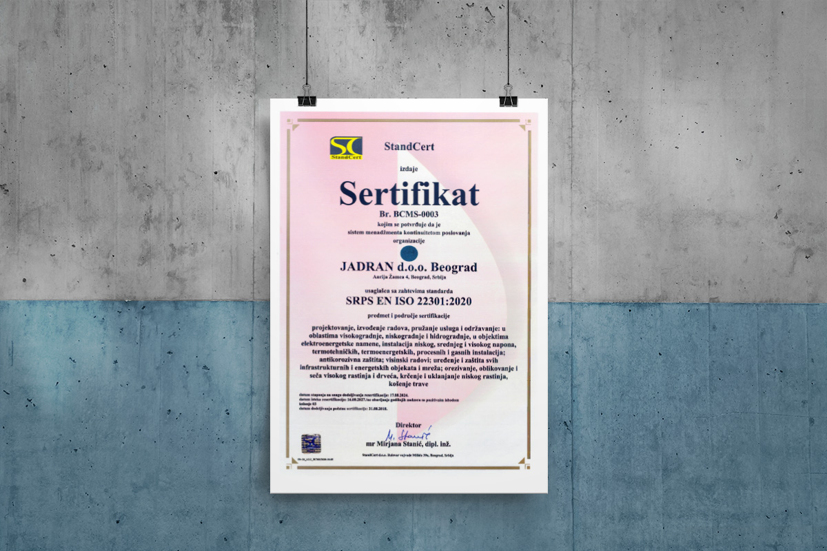 Sertifikat SRPS ISO 22301 - Jadran d.o.o. Beograd