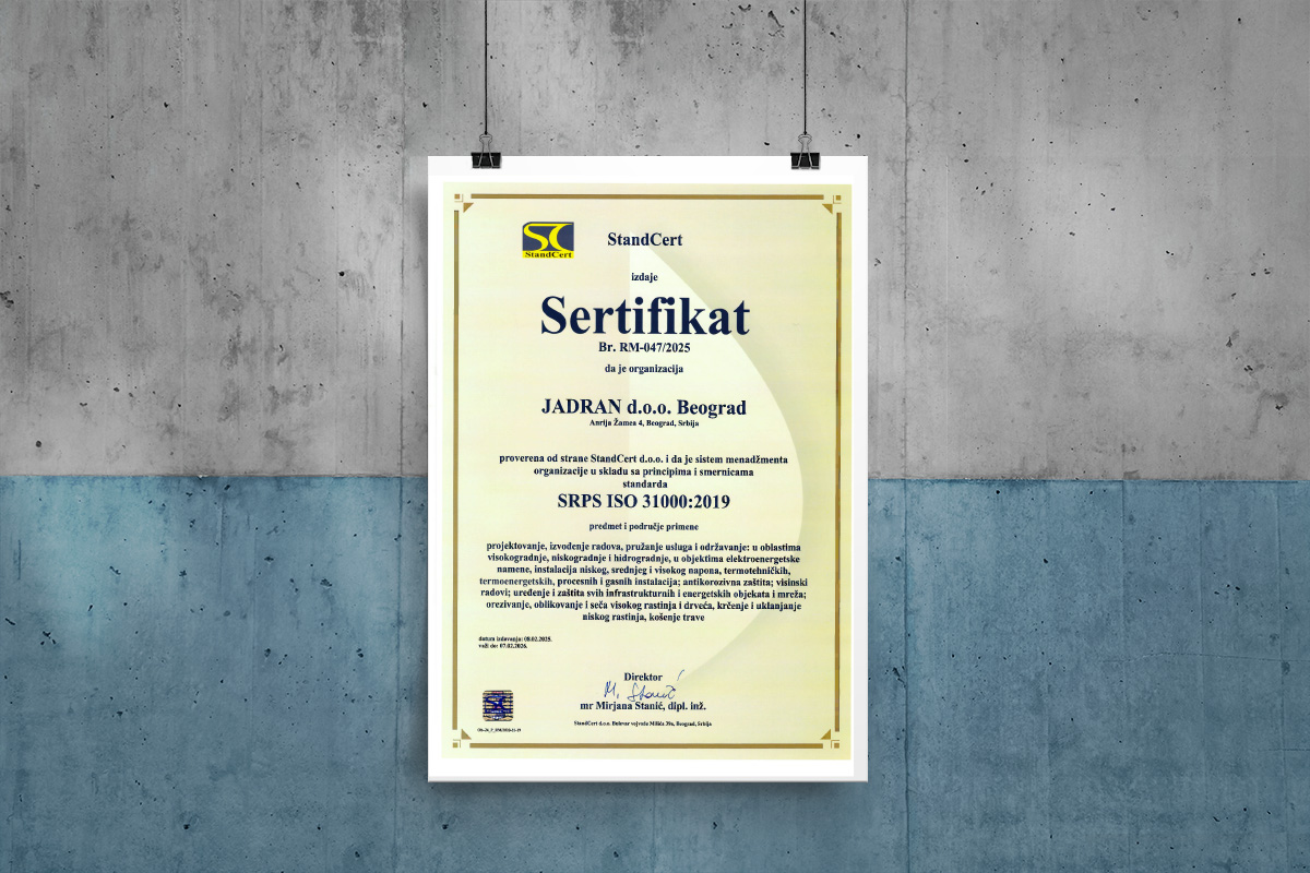 Sertifikat SRPS ISO 31000 2019 - Jadran doo